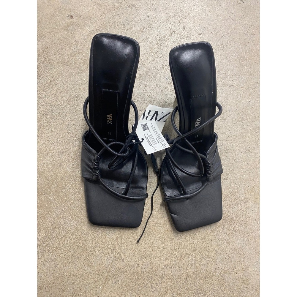 Zara Strappy Heeled Sandals Womens 39 US 8 Black Leather Square Toe Stiletto New - Picture 3 of 8